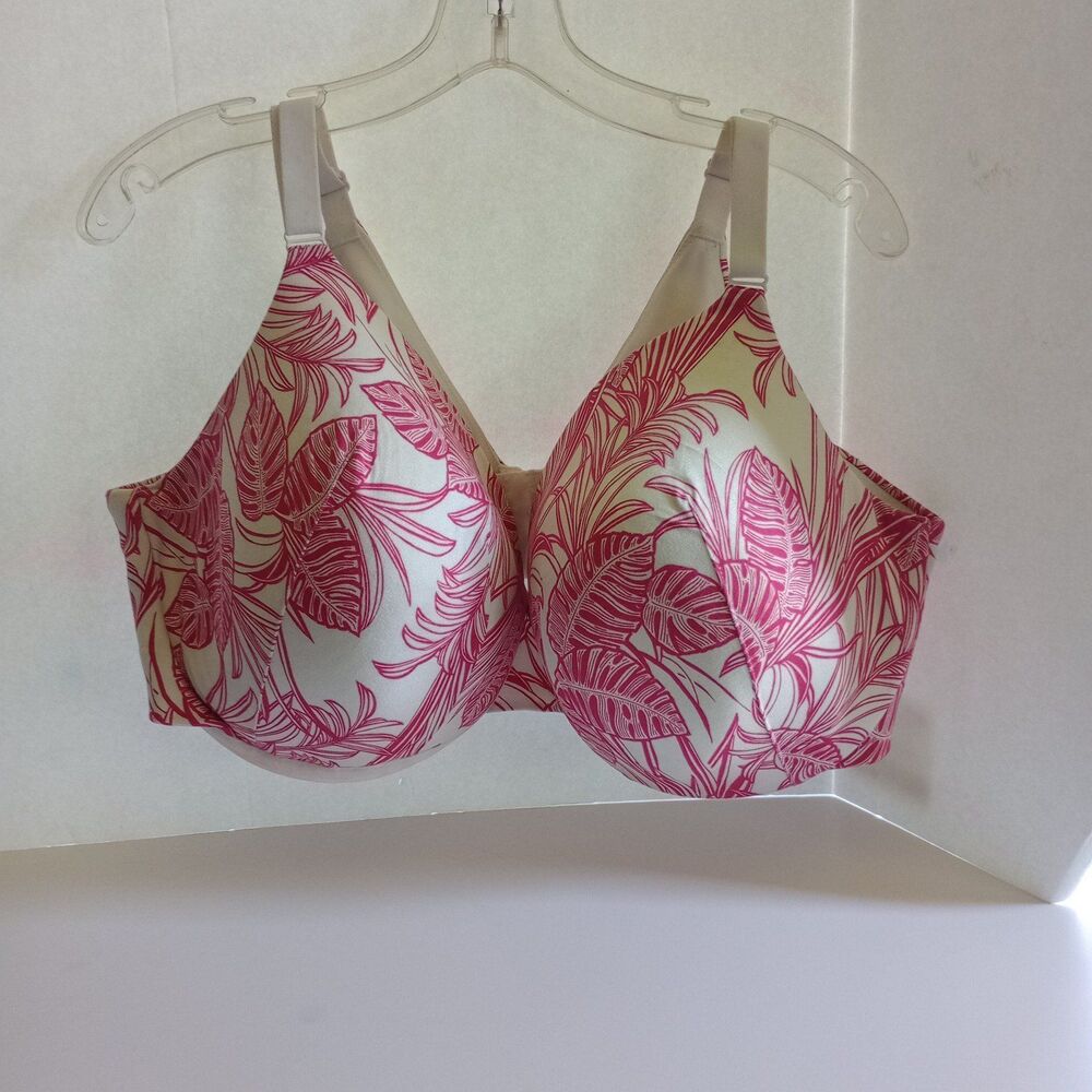Cacique 46DDD Lightly Lined Full Coverage 4 Hook Pink White Leaves Plus Size